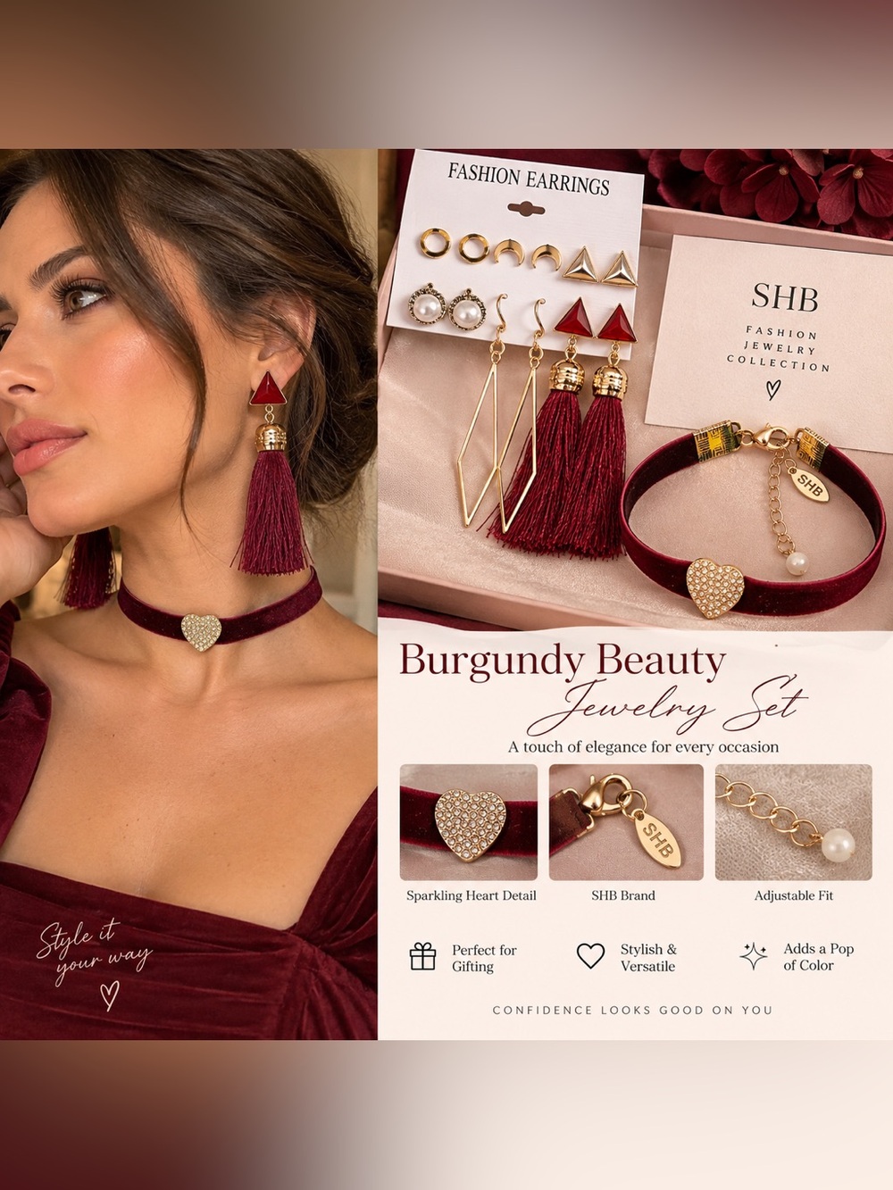 Burgundy Tassel Drop Earrings - Velvet Accent